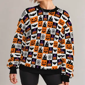 Halloween Pumpkin Bat Patchwork for Festive October Nights and Spooky Parties All-over Print Knitted Sweater
