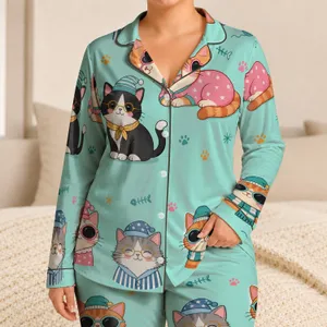 Mint Aqua Cat Collage for Cozy Bedtime, Relaxed Nights, Kids, Teens, and Gift Giving Satin Pajamas Set