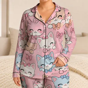Kawaii Cat Faces Cozy Bedtime Loungewear For Girls, Teens, And Cat Lovers At Home Satin Pajamas Set
