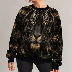 Black Tiger Face with Gold Lightning for Bold Streetwear and Nightlife Style All-over Print Knitted Sweater