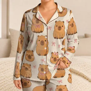 Cute Capybara Motifs For Cozy Bedtime And Home Days, Girls' Everyday Soft Comfort Satin Pajamas Set