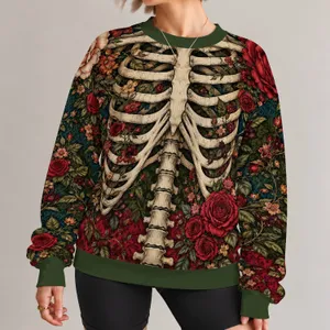 Ivory Skeleton and Crimson Roses for Casual Gothic Botanical Style All-over Print Knitted Sweater