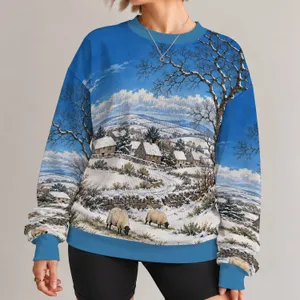Snowy Countryside Village and Sheep for Cozy Winter Country Living All-over Print Knitted Sweater