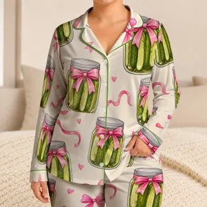Pickle Jar And Pink Bow Motifs For Cozy Home Lounging, Gift For Girls And Teens Satin Pajamas Set