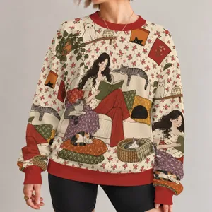 Cat-Loving Reader in a Cozy Floral Living Room for Relaxed Everyday Style at Home All-over Print Knitted Sweater