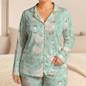 Whimsical White Geese Sleep Set in Mint Aqua for Cozy Bedtime and Home Lounging For Her Satin Pajamas Set