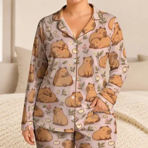 Cute Capybara Cozy Lounging Set for Girls and Kids, Giftable Home Comfort at Bedtime Satin Pajamas Set