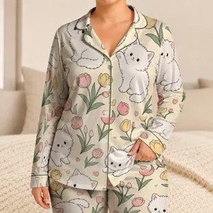 Cozy Kawaii Kittens And Tulips For Sweet Bedtime Comfort, Gift For Girls At Home Satin Pajamas Set