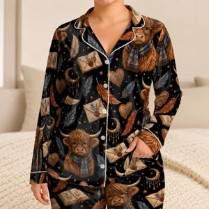 Scottish Highland Cow Moonlit Bedtime Gift For Cozy Family Nights, Boys And Girls Satin Pajamas Set