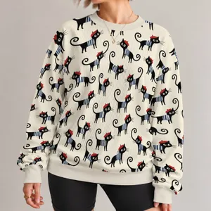 Playful Black Cats in Striped Shirts for Whimsical Everyday Autumn and Winter Style All-over Print Knitted Sweater