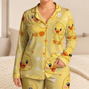 Cheerful Yellow Duck Face Lounge Style For Cozy Summer Nights At Home, Kids Unisex Satin Pajamas Set