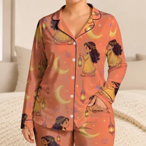 Ramadan Moon Girl Peach Coral Cozy Wear For Family Gatherings And Gift Giving For Women Satin Pajamas Set