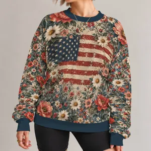 Vintage Floral Flag for Patriotic Spring Gatherings and Everyday Casual Wear for Women All-over Print Knitted Sweater
