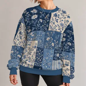 Blue Denim Patchwork Florals for Relaxed Spring and Autumn Everyday Style for Women All-over Print Knitted Sweater