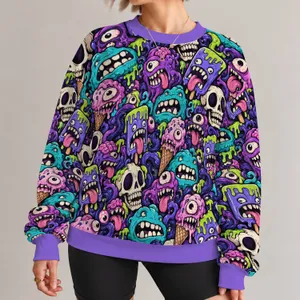 Candy-Colored Monster And Skull Motifs For Playful Weekend Streetwear And Halloween Fun All-over Print Knitted Sweater