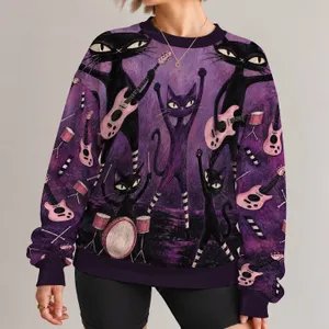 Purple Cat Band With Guitars For Music Lovers And Playful Streetwear Fans All-over Print Knitted Sweater