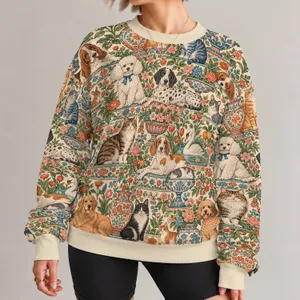 Whimsical Dogs and Cats in Garden Vignettes for Everyday Artful Outings and Pet Lovers All-over Print Knitted Sweater