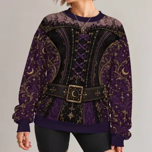 Gothic witch corset costume surface with celestial details Gothic Witch Corset with Celestial All-over Print Knitted Sweater