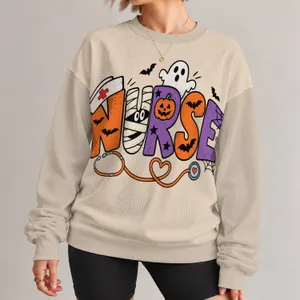 Halloween Nurse Lettering With Ghost and Stethoscope for Nursing School Staff All-over Print Knitted Sweater