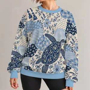 Blue Sea Turtle and Floral Patchwork for Spring Garden Strolls and Everyday Style All-over Print Knitted Sweater