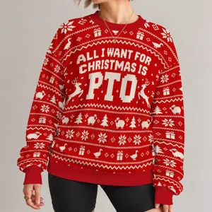 Christmas PTO Holiday Saying With Snowflakes And Festive Woodland Motifs For Relaxed Wear All-over Print Knitted Sweater