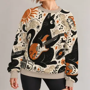 Black Cat Guitarist With Music Doodles For Campus And Casual Weekend Style All-over Print Knitted Sweater