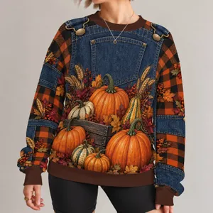 Pumpkin Patch Harvest Plaid for Thanksgiving Gatherings and Autumn Festival Celebrations All-over Print Knitted Sweater