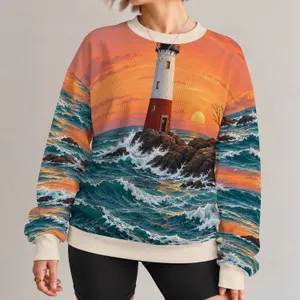 Seaside Lighthouse Sunset Coastal Scenery for Relaxed Shoreline Getaways and Travel All-over Print Knitted Sweater