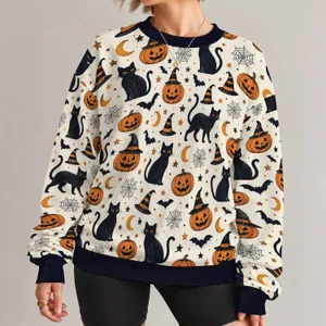 Black Cats And Jack-O'-Lanterns For Spooky Halloween Gatherings And Casual Wear All-over Print Knitted Sweater