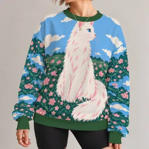 White Cat in a Wildflower Meadow for Cozy Cottagecore Days and Relaxed Nature Lovers All-over Print Knitted Sweater
