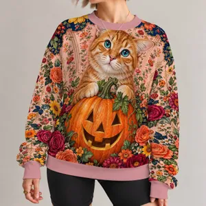 Orange Cat And Pumpkin With Autumn Blooms For Cozy Fall Gatherings And Seasonal Style All-over Print Knitted Sweater