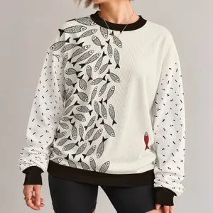 Ivory Fish Motif With Crimson Accent For Relaxed Coastal Everyday Style All-over Print Knitted Sweater