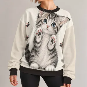 Wide-Eyed Kitten and Paw Marks for Cozy Everyday Casual Style for Cat Lovers Everywhere All-over Print Knitted Sweater
