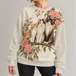 Three Cats Among Roses for Cozy Autumn Days and Cottage Garden Cat Lovers at Home All-over Print Knitted Sweater