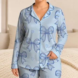 Valentine Bow Sleepwear For Cozy Date Nights, Romantic Gift For Her, Soft Blue Look Satin Pajamas Set