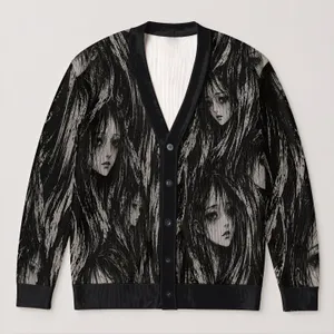 Manga Ghost Faces for Eerie Everyday Layering and Spooky Streetwear Style for Teens All-over Print Knitted Cardigan