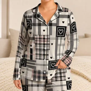 Black Heart Plaid Patchwork Lounge Set for Cozy Valentine's Day Evenings and Gifts Satin Pajamas Set