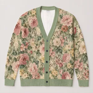 Soft Sage Rose Blooms for Relaxed Everyday Layering and Artful Women's Style All-over Print Knitted Cardigan