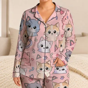 Cute Sleepy Cat Faces on Blush Pink Bedtime Style for Women and Cat Lover Gift Ideas Satin Pajamas Set
