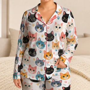 Cute Cat Heads Navy Nighttime Comfort For Cozy Lounging And Sleep Gift Idea For Cat Lovers Satin Pajamas Set