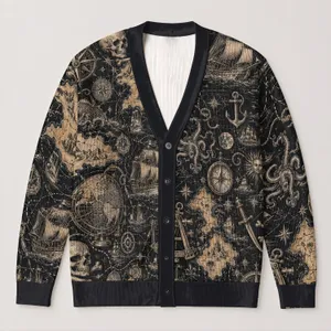 Skull Treasure Map And Anchor Nautical Style For Everyday Autumn Layering Teens All-over Print Knitted Cardigan
