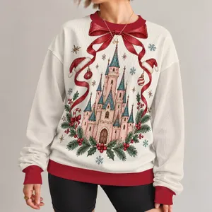 Pink Fairytale Castle Bow And Holly For A Whimsical Christmas Holiday Getaway Gift All-over Print Knitted Sweater