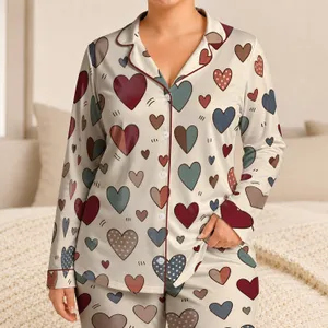 Scattered Heart Motif for Cozy Winter Lounging, Romantic Valentine's Gift for Women Satin Pajamas Set