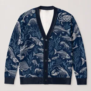 Fish Skeletons and Sea Life for Everyday Ocean-Inspired Layering All-over Print Knitted Cardigan