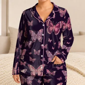 Vintage Butterfly Line Art Romantic Gift for Her Elegant Plus Size Lounge Style Look Satin Pajamas Set
