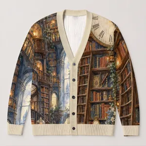 Vintage Library Clocks and Bookshelves for Cozy Autumn Reading and Study Days All-over Print Knitted Cardigan