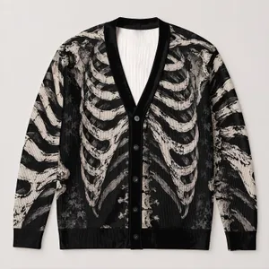 Gothic Skeleton Ribcage Bones for Alternative Everyday Layering and Halloween Style All-over Print Knitted Cardigan