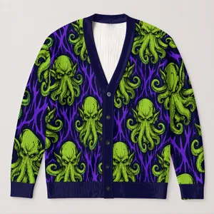 Cthulhu Octopus and Neon Flames for Dark Fantasy Everyday Layering All-over Print Knitted Cardigan