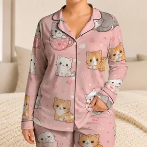 Cute Cartoon Kitten Sleep Set for Cozy Home Nights, Girls and Older Kids Gift Idea Satin Pajamas Set