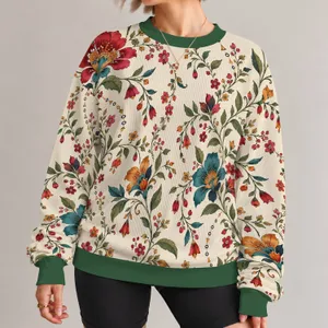 Ivory Folk Floral Botanical Motifs for Everyday Outings and Relaxed Weekends All-over Print Knitted Sweater